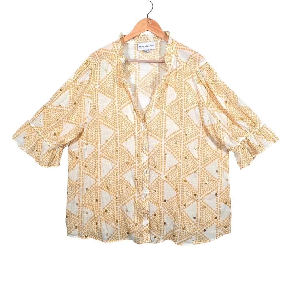 Alex & Parker Blouse 3X Yellow Gold Foil Ruffle Sleeves Geometric Print Casual